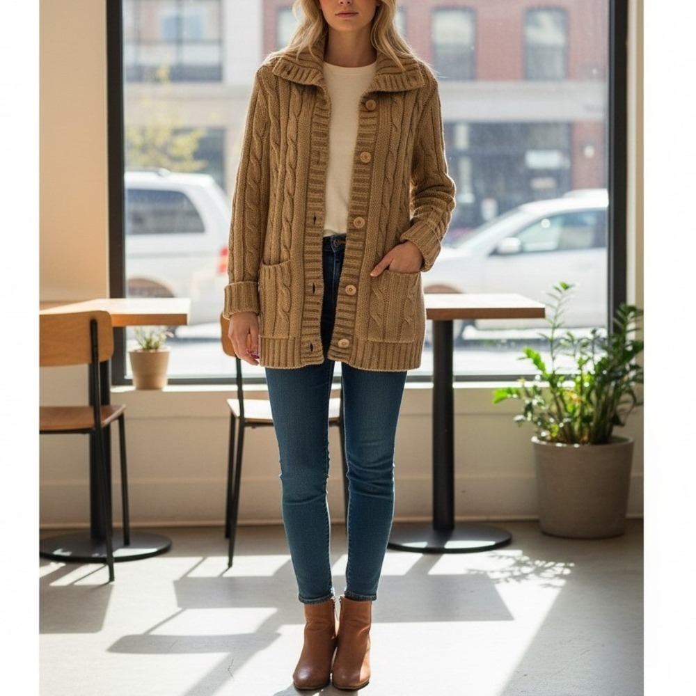 Chunky Cable Knit Cardigan Sweater Women M Tan Brown Vintage Button Up Warm Cozy